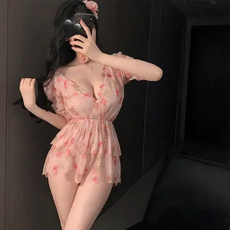 霏慕纯欲风碎花连衣裙qq内衣性感系带睡裙诱惑女装海边辣妹氛围感图片