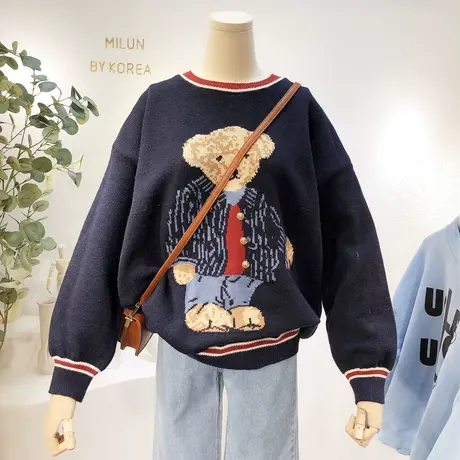 韩国东大门毛衣2020秋冬款学院风小熊提花针织衫打底衫女宽松大码图片