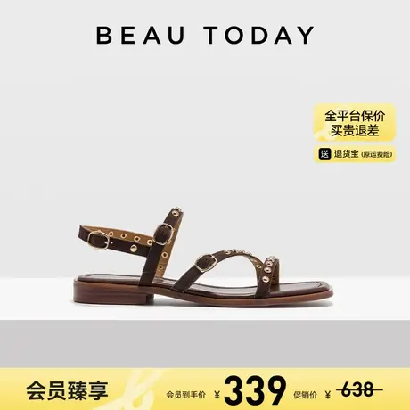 【清仓款】BeauToday罗马凉鞋女款一字带平底方头绑带凉鞋女外穿商品大图