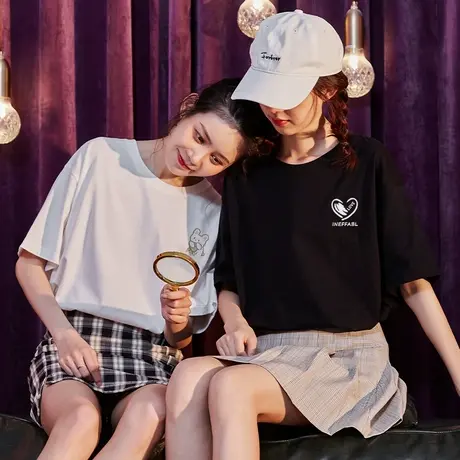 唐狮黑色纯棉短袖t恤女2024新款爆款夏季纯色时尚简约上衣VB商品大图