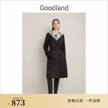Goodland美地春季法式优雅撞色廓形长款假两件条纹连帽风衣商品大图
