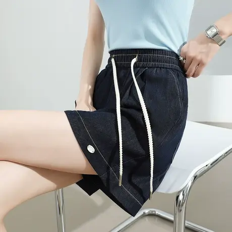 莱赛尔天丝牛仔短裤女夏季薄款外穿a字深蓝色高腰阔腿四分中裤子图片
