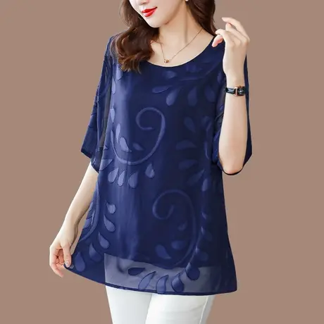 中年妈妈短袖雪纺衫女夏季新款宽松加大码女装休闲遮肚子显瘦上衣商品大图