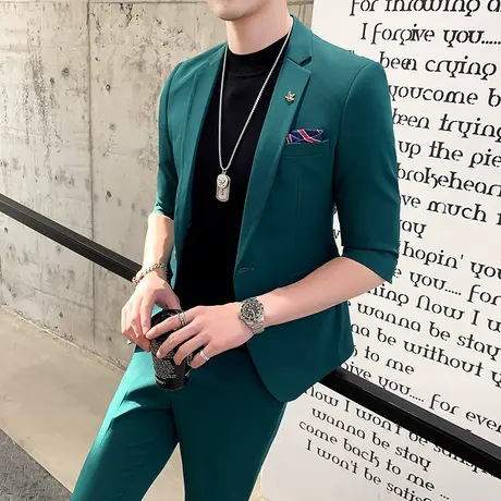 韩版休闲潮男夜店七分西服套装男网红半袖小西装帅气新郎结婚礼服图片