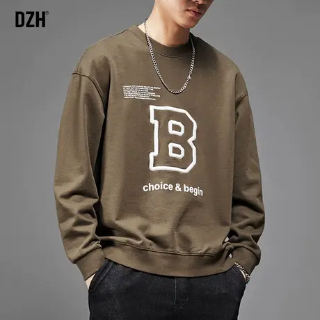 男士重磅圆领卫衣男美式复古高街刺绣外套秋季咖色上衣2023年新款商品大图