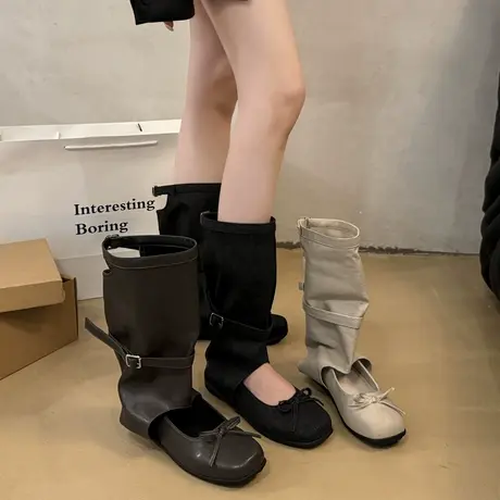 时尚百搭靴子女2025年秋季新款网红爆款高级感中筒靴平底气质长靴商品大图