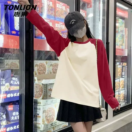 唐狮撞色纯棉长袖t恤女2025新款秋季打底衫遮肉显瘦宽松上衣VB商品大图