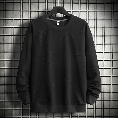 重磅黑色卫衣男春秋款宽松潮流小熊钢印圆领长袖t恤套头无帽上衣商品大图