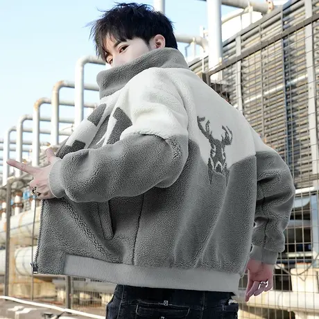 冬季羊羔毛夹克男韩版潮流立领加厚颗粒绒短款风衣学生摇粒绒外套商品大图