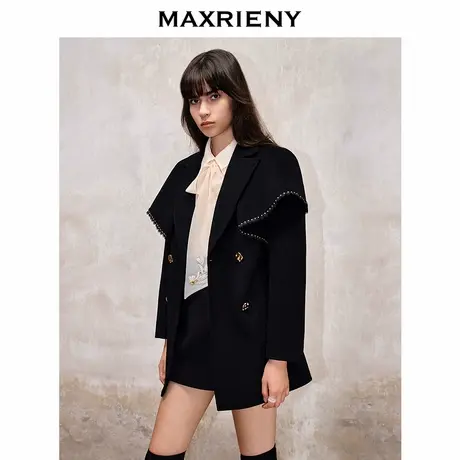 【奥莱】MAXRIENY精致复古蕾丝翻领外套秋冬双面呢羊毛斗篷式大衣商品大图