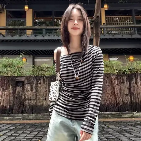 一字斜肩条纹长袖T恤女修身显瘦打底衫内搭韩版chic甜辣露肩上衣商品大图