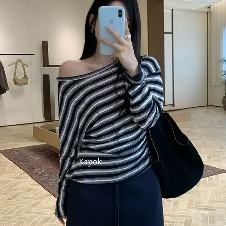 十三行女装露肩斜肩显瘦条纹针织T恤女2025秋季新款韩系洋气上衣商品大图