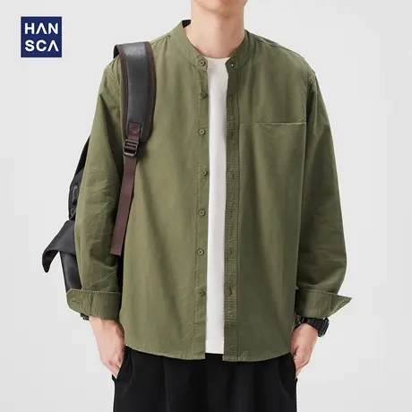 hansca亨利领纯棉衬衫男2025新款秋季高级感痞帅长袖休闲衬衣外套图片