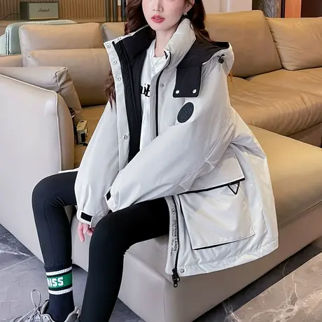 【防水】唐狮冬季羽绒服女2024新款中长款工装外套爆款连帽派克服商品大图