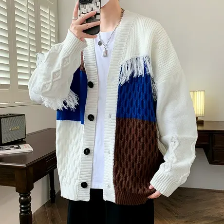 港风潮牌慵懒风毛衣外套男秋季韩版潮流宽松撞色拼接针织线衣开衫商品大图