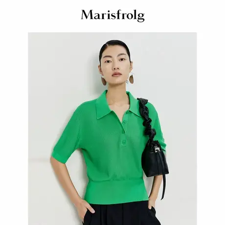 【长绒棉面料】玛丝菲尔夏季新款POLO领罗纹肌理感侧开衩针织女商品大图