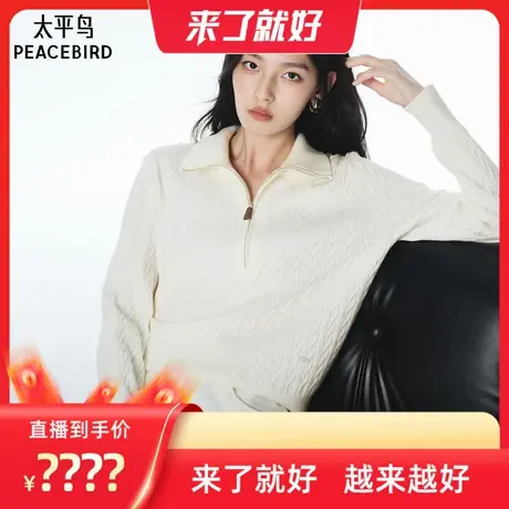 【来了就好】太平鸟绞花羊毛混纺半开襟拉链套衫翻领老钱风针织衫商品大图