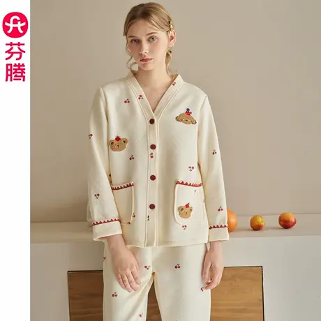 芬腾秋冬睡衣女士纯棉加厚空气棉夹层长袖休闲大码冬季家居服套装商品大图