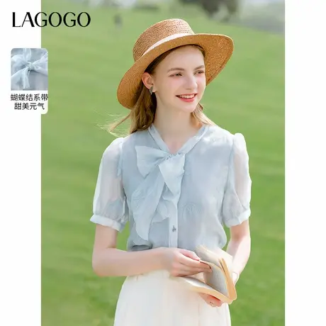 LAGOGO仙气蓝色蝴蝶结短袖衬衫女拉谷谷夏季新款精致提花中式上衣商品大图