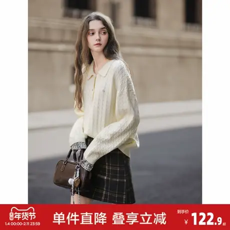 唐狮秋冬POLO毛衣女领袖口拼接毛线衫学院风上衣米白色针织慵懒风商品大图