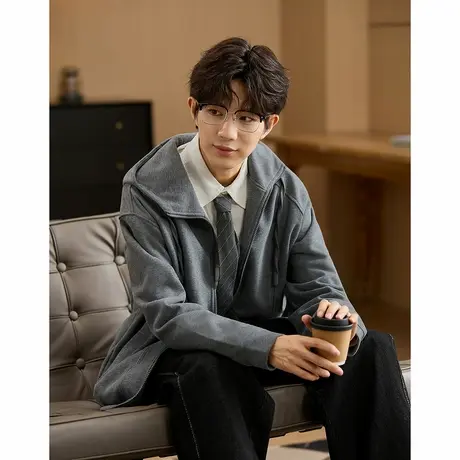 唐狮秋季新款连帽卫衣针织外套开衫男潮宽松简约休闲春装学生TM商品大图