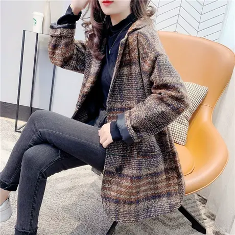 格子毛呢外套女中长款2021秋冬新款韩版宽松百搭小个子呢子大衣潮图片