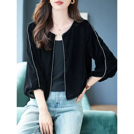 宝诗黎圆领钉珠丝绒桑蚕丝短外套2023新款七分袖宽松女装早秋上衣商品大图