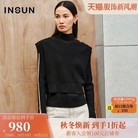 恩裳2023冬装新款羊毛混纺嵌复古金属丝竖坑条肌理半高领针织衫女图片