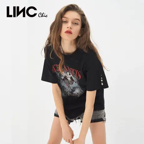 【商场同款】LINC金羽杰t恤女轻奢珍珠手工印花短袖T恤S212FK360商品大图