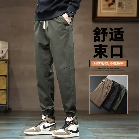 秋冬季男装束脚哈伦痞帅美式工装军绿色男生宽松紧腰高街休闲裤子商品大图