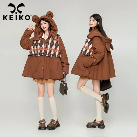 KEIKO [165g白鸭绒] 复古菱格拼接A字羽绒服冬季美拉德风连帽外套图片