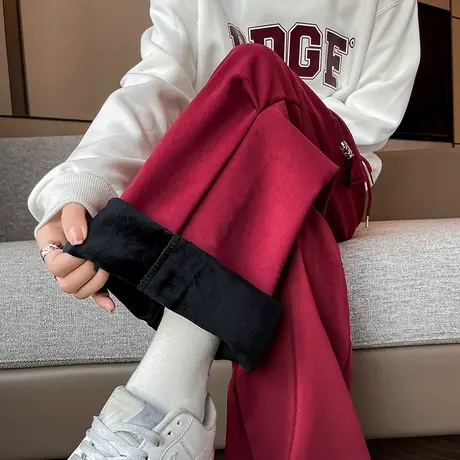 加绒加厚美式阔腿工装裤女秋冬季酒红色高腰显瘦宽松束脚运动裤子商品大图