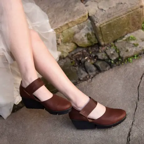 Artmu阿木原创复古厚底坡跟一字带单鞋高跟鞋包头凉鞋真皮新款图片