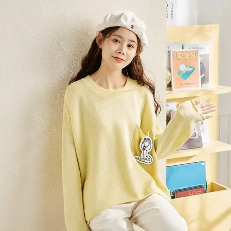 唐狮毛衣女日系甜美新款宽松慵懒风毛衣针织衫口袋设计感时尚图片