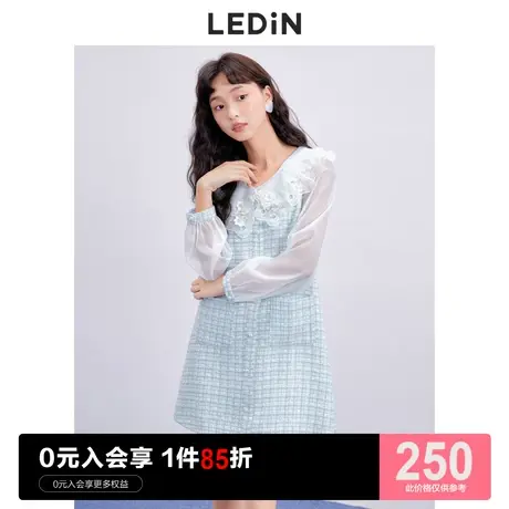 乐町甜美小香风连衣裙休闲秋季新款奶蓝气质拼接纱少女感格纹裙子图片