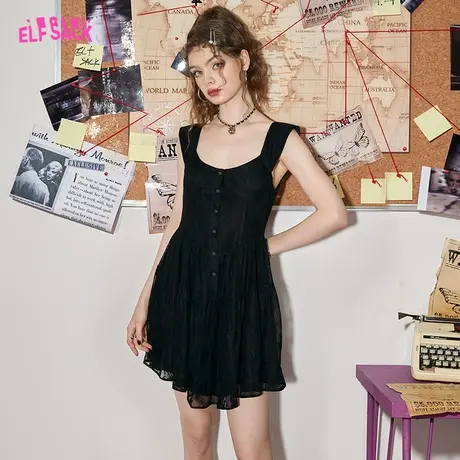 妖精的口袋黑色蕾丝吊带无袖连衣裙女2023夏季新款拼接显瘦小黑裙图片