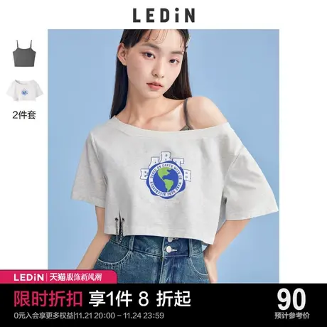 乐町两件套印花短袖T恤女夏季新款辣妹吊带体恤美式短款上衣图片