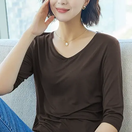 雀后七分袖莫代尔t恤女装纯色宽松薄款上衣秋装中袖v领百搭打底衫商品大图