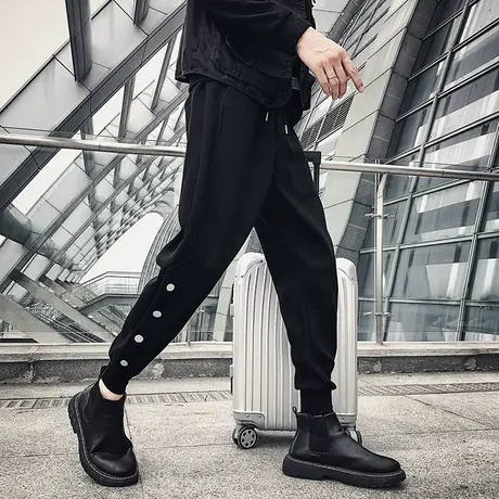 秋冬季时尚休闲韩版修身排扣个性纯色学生卫裤运动裤男士休闲裤商品大图