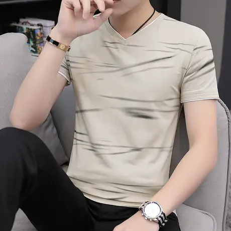 2023夏季男士短袖t恤潮流宽松内搭上衣港风潮牌V领打底衫青年体恤商品大图