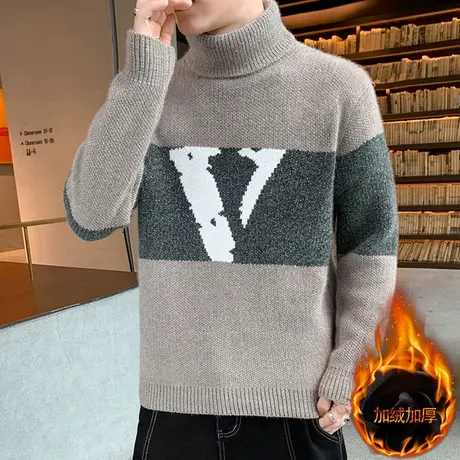 一体绒半高领毛衣男士冬季柔软水貂绒针织衫男士线衣加绒加厚外套商品大图
