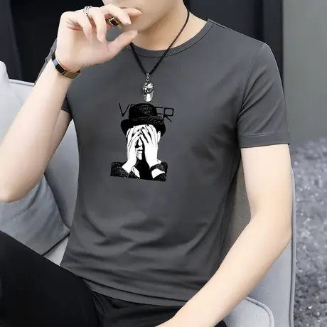 莫代尔夏季男短袖t恤潮牌潮流圆领上衣服冰丝冰感半袖印花体恤衫商品大图