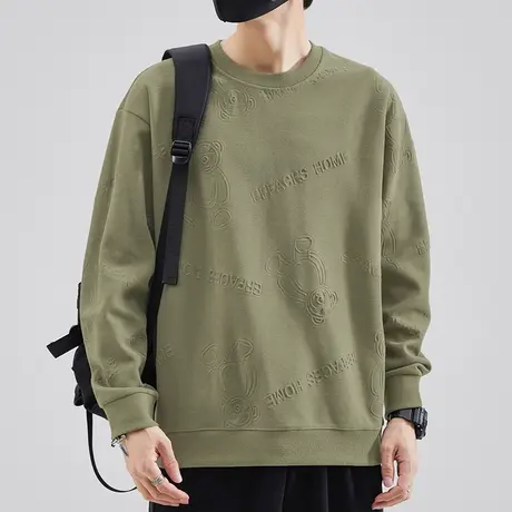 春秋款华夫格卫衣男潮牌潮流ins宽松无帽上衣服小熊圆领长袖t恤商品大图