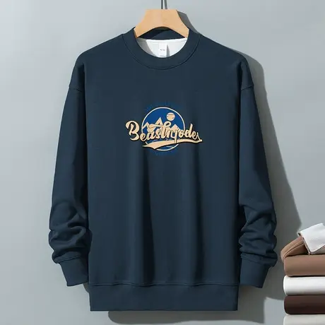 350g美式重磅卫衣男秋冬款加绒加厚圆领无帽上衣服摇粒绒长袖t恤商品大图