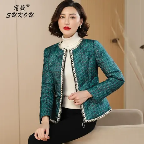 墨绿色小香风羽绒服女2024洋气英伦风妈妈装花边修身减龄短款外套图片