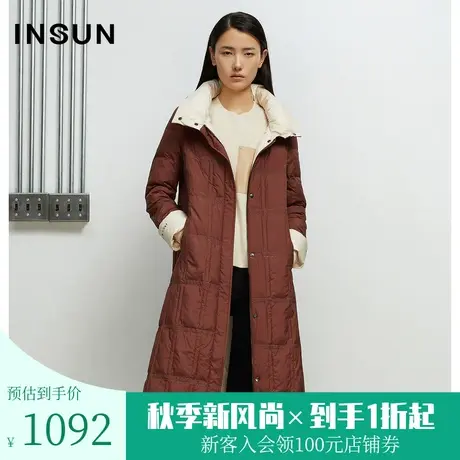 恩裳冬季经典方块条纹收腰修身过膝长款白鹅绒羽绒服女士商品大图
