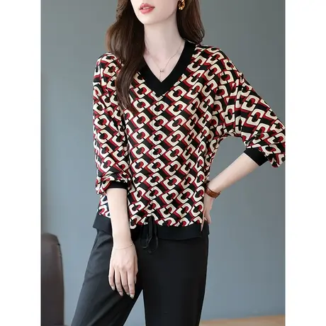 宝诗黎V领印花长袖雪纺衫洋气小衫2024春季新款宽松休闲上衣女装商品大图