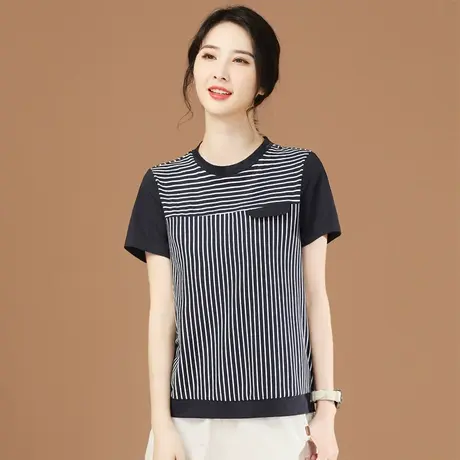 韩潮袭人2024年新款条纹圆领短袖t恤上衣女设计感体恤衫女夏季薄图片