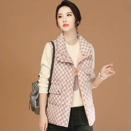 韩潮袭人时尚立领棉衣马甲女冬季新款百搭格子加厚坎肩外套图片