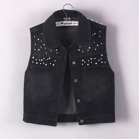 牛仔马甲女短款背心宽松春秋新款大码无袖外套显瘦外搭时尚钉珠黑商品大图